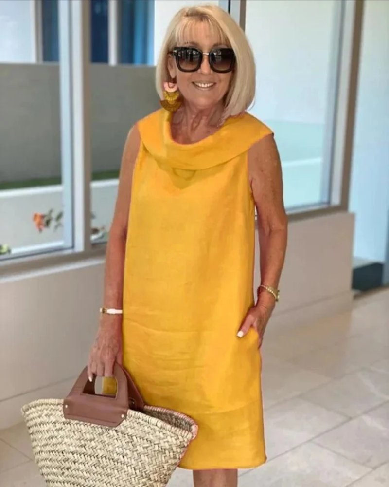 Damen Sommer Ärmellos Leichtes Kleid Weiter Ausschnitt - Yellow