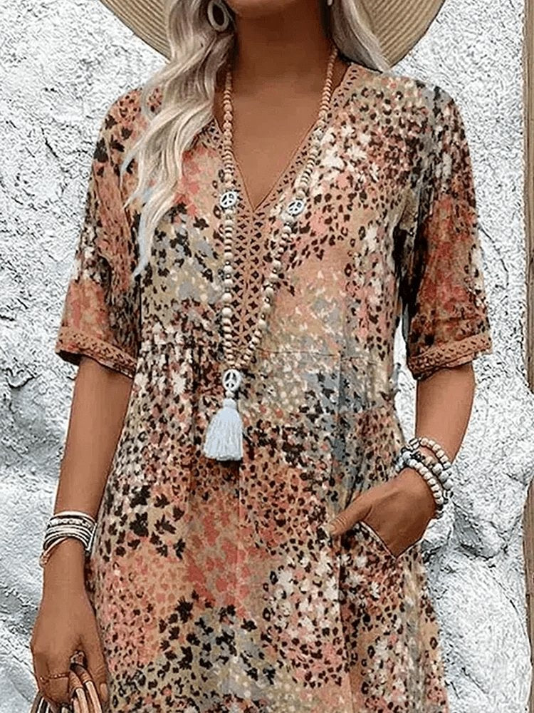 Damen Sommerkleid V-Ausschnitt Boho Stil Midi Länge