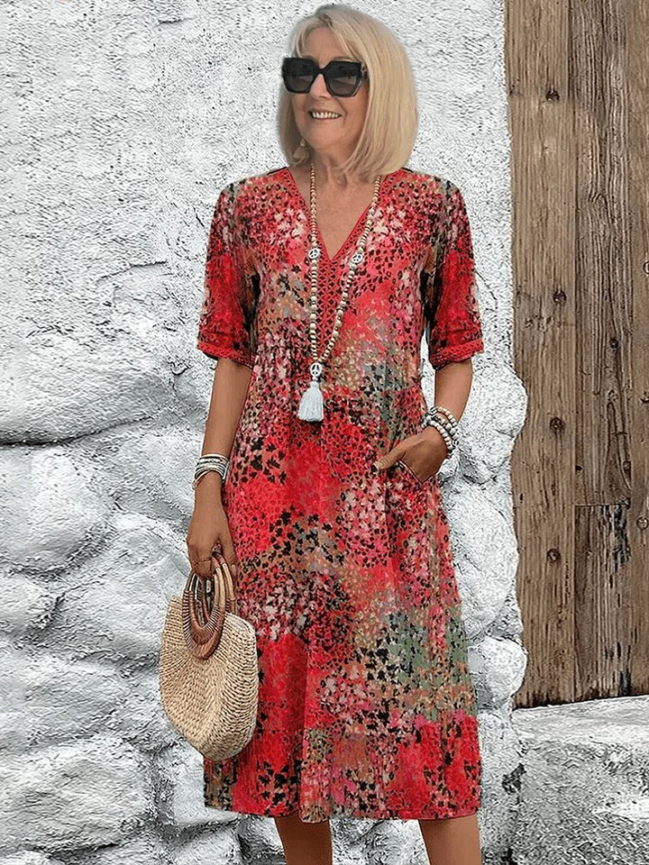 Damen Sommerkleid V-Ausschnitt Boho Stil Midi Länge - Scarlet Red