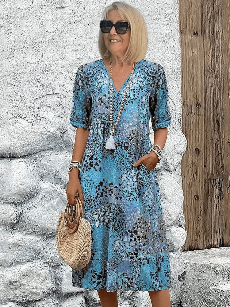 Damen Sommerkleid V-Ausschnitt Boho Stil Midi Länge - Ocean Blue