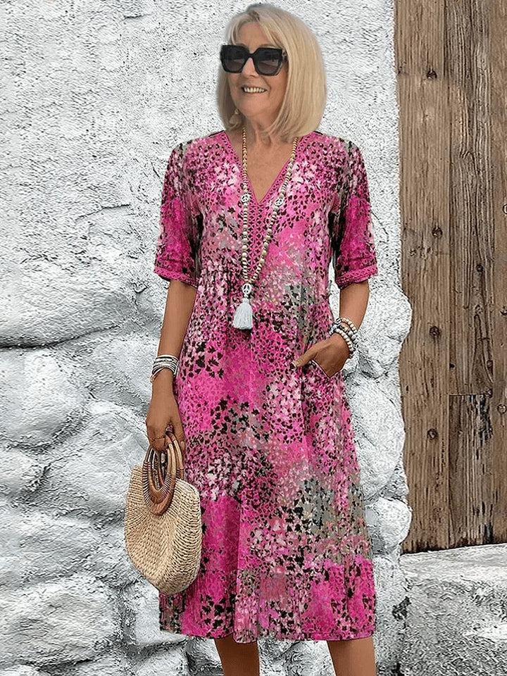 Damen Sommerkleid V-Ausschnitt Boho Stil Midi Länge - Blush Pink