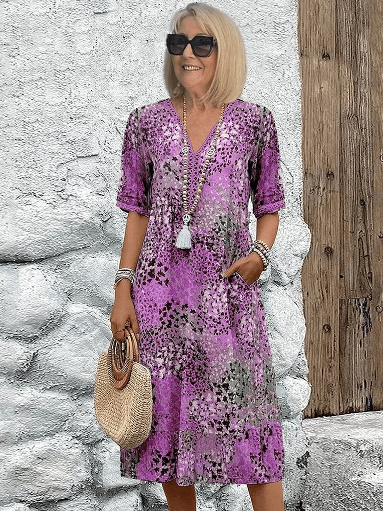 Damen Sommerkleid V-Ausschnitt Boho Stil Midi Länge - Lavender Purple