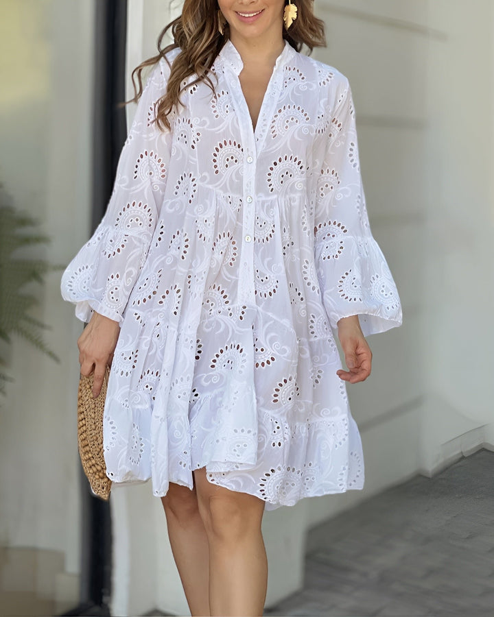 Damen Sommerkleid Weißes Lochstickerei-Blusenkleid Langarm A-Linie - White