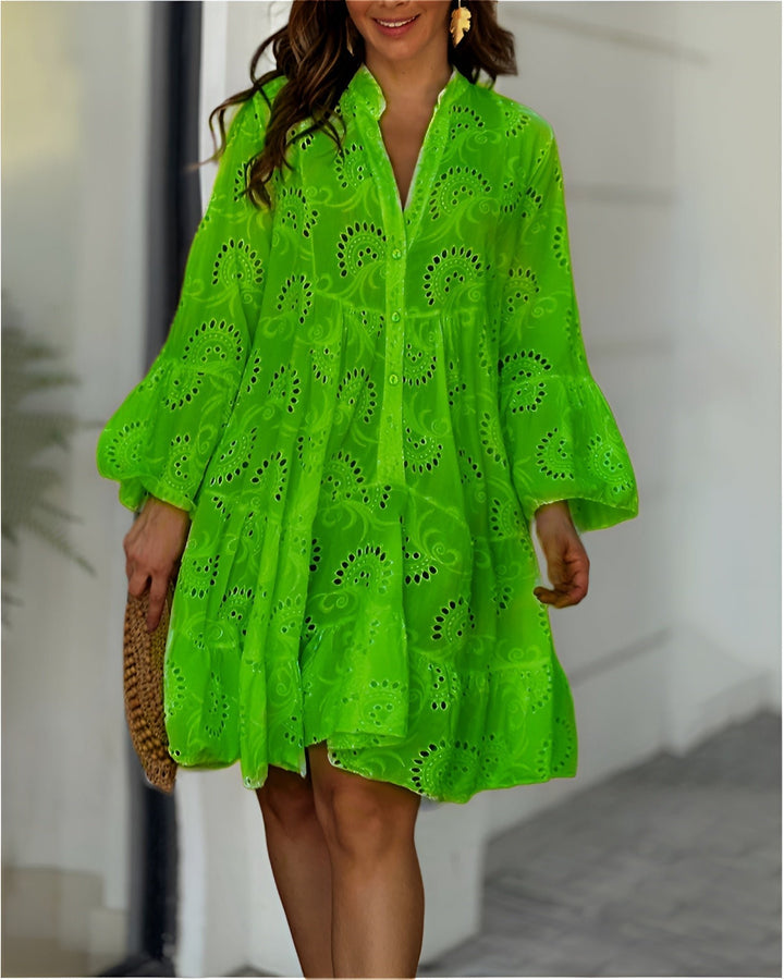 Damen Sommerkleid Weißes Lochstickerei-Blusenkleid Langarm A-Linie - Green