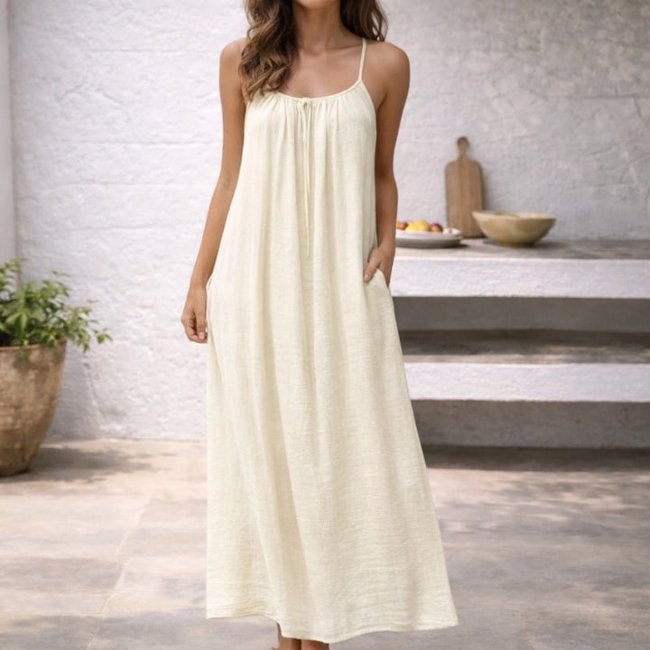 Damen Spaghetti-Träger Maxi Sommerkleid mit Raffung und Taschen