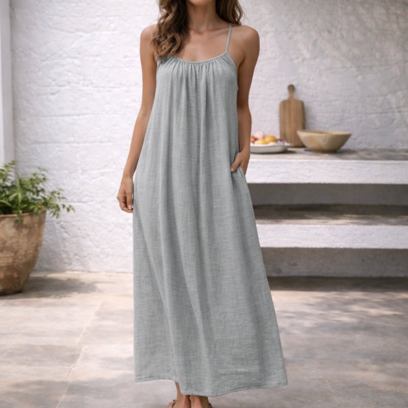 Damen Spaghetti-Träger Maxi Sommerkleid mit Raffung und Taschen