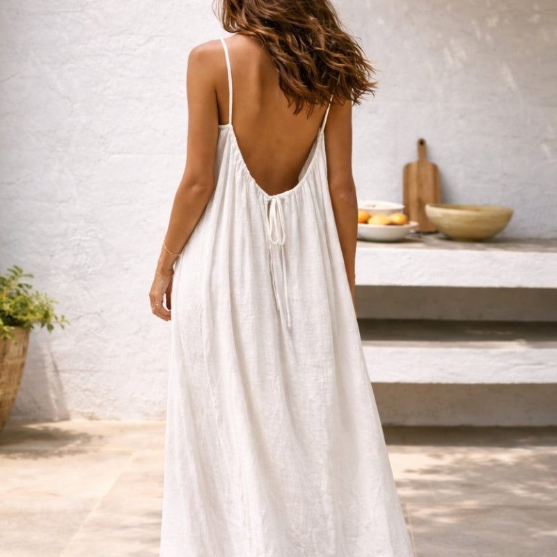 Damen Spaghetti-Träger Maxi Sommerkleid mit Raffung und Taschen - Weiß