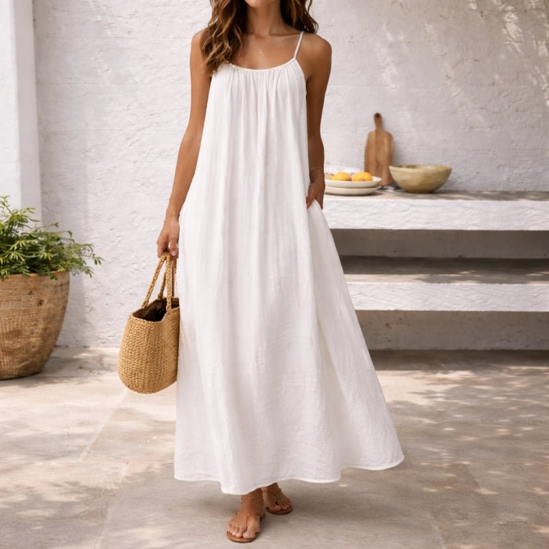 Damen Spaghetti-Träger Maxi Sommerkleid mit Raffung und Taschen