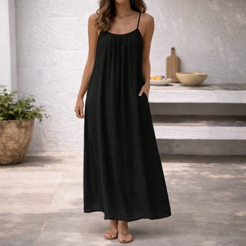 Damen Spaghetti-Träger Maxi Sommerkleid mit Raffung und Taschen