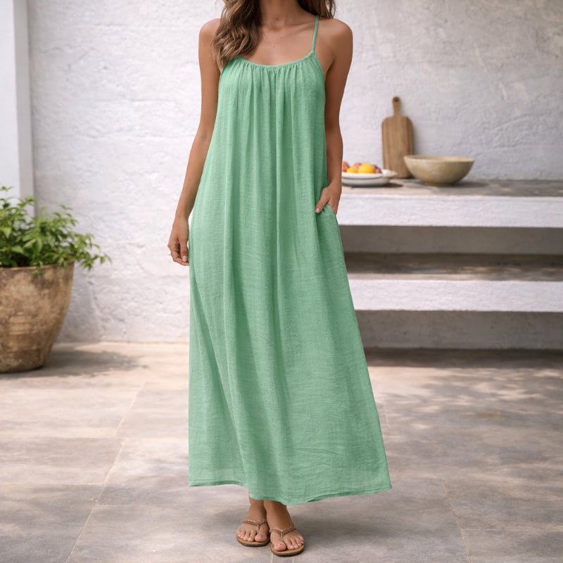 Damen Spaghetti-Träger Maxi Sommerkleid mit Raffung und Taschen