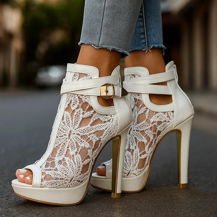 Damen Spitzen-Stiletto-Pumps Offene Zehenpartie Knöchelriemen