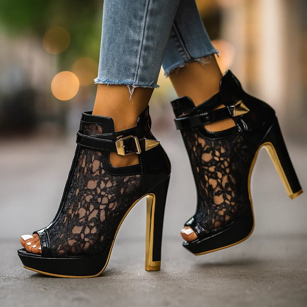 Damen Spitzen-Stiletto-Pumps Offene Zehenpartie Knöchelriemen