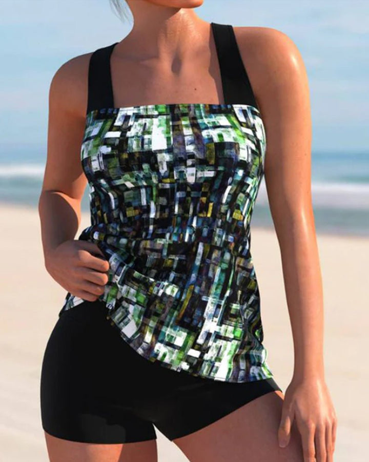 Damen Tankini Set mit Shorts Geometrisches Muster - Zwart/Groen