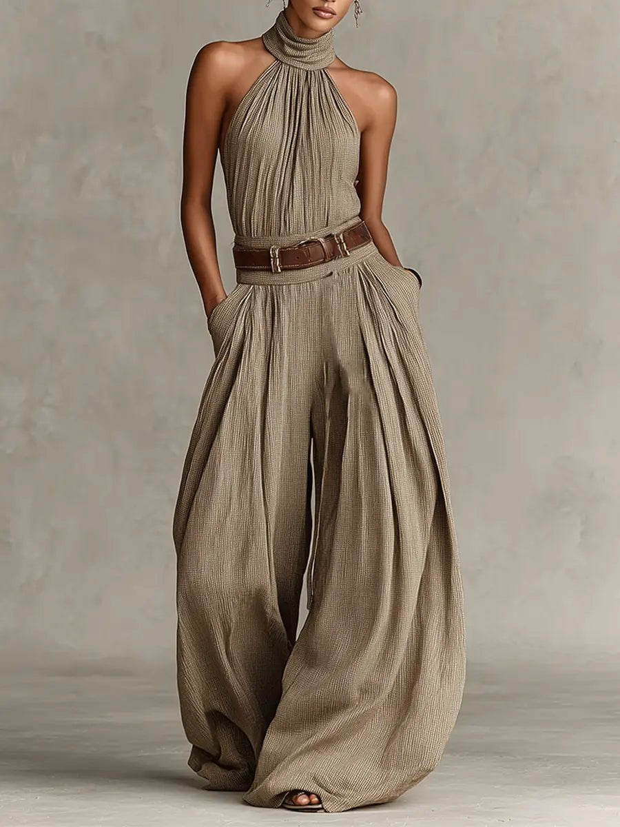 Damen Taupe Neckholder Weites-Bein Jumpsuit - Taupe
