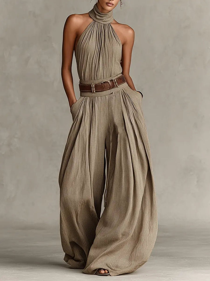 Damen Taupe Neckholder Weites-Bein Jumpsuit - Taupe