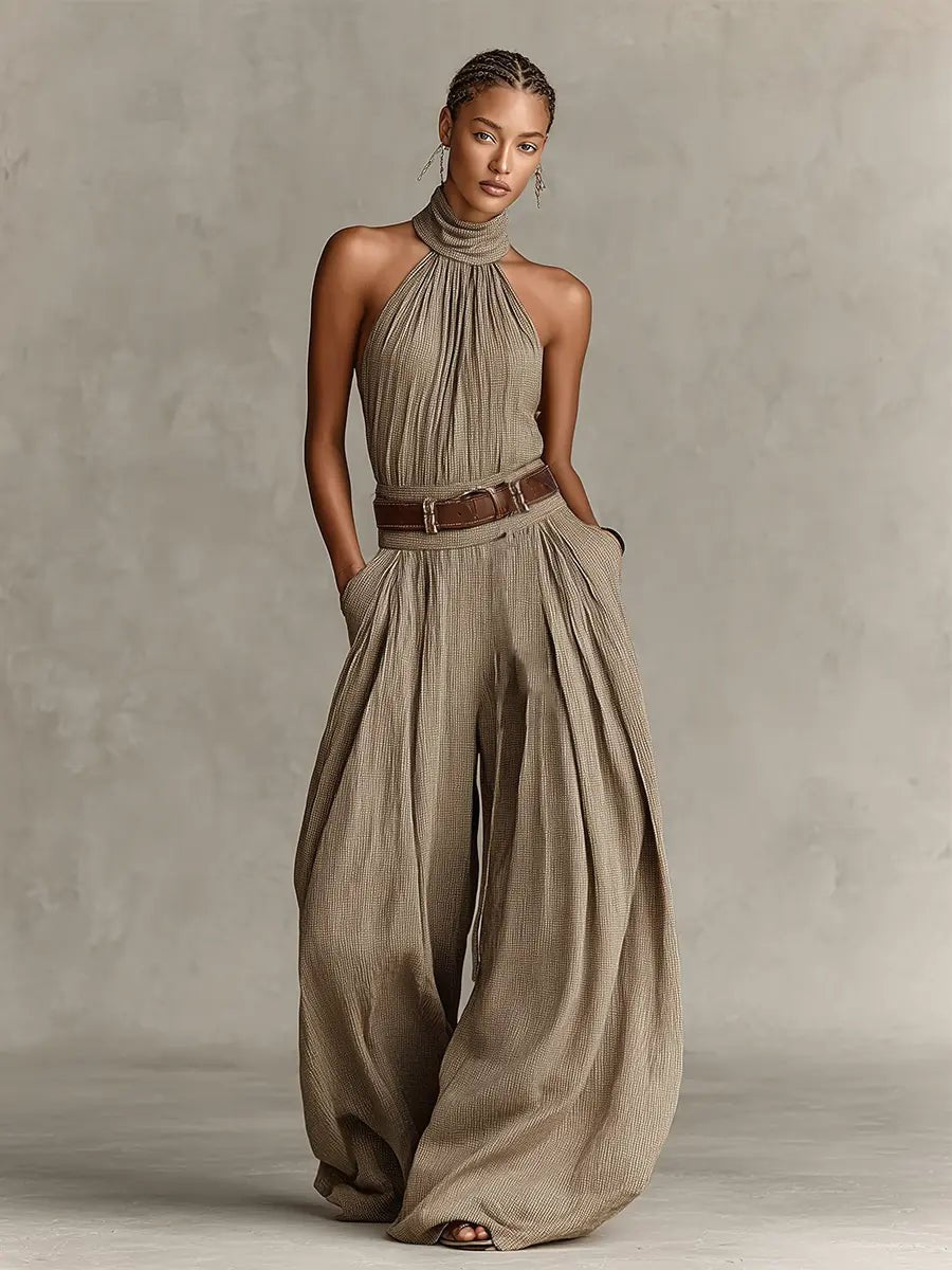 Damen Taupe Neckholder Weites-Bein Jumpsuit