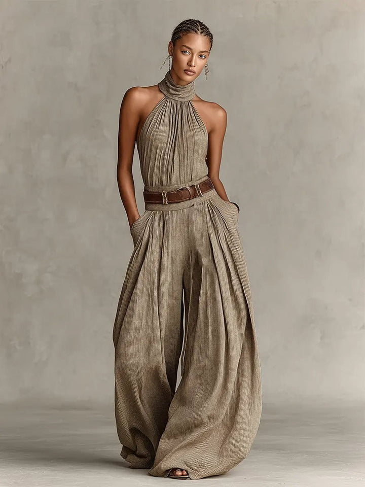 Damen Taupe Neckholder Weites-Bein Jumpsuit