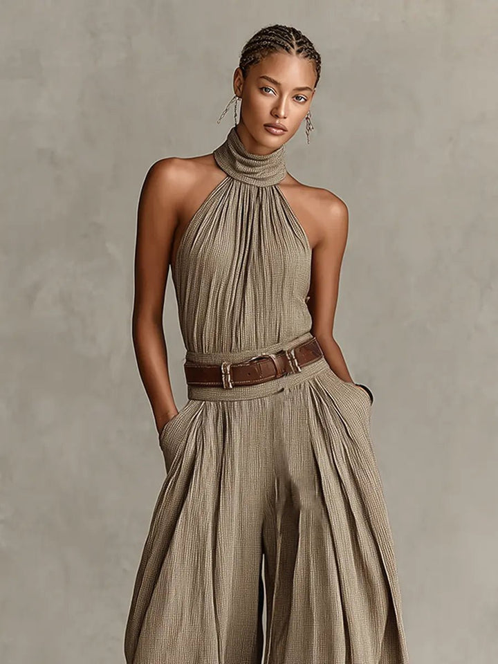 Damen Taupe Neckholder Weites-Bein Jumpsuit