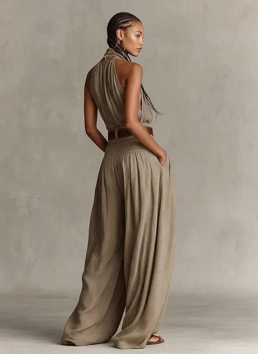Damen Taupe Neckholder Weites-Bein Jumpsuit