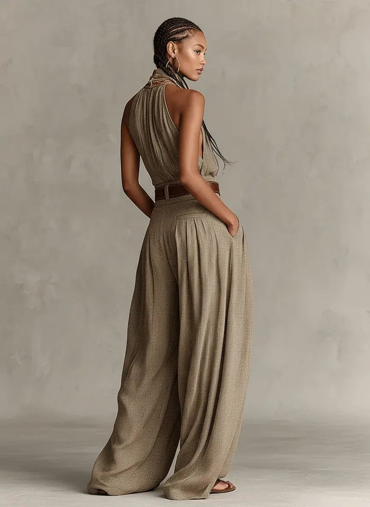 Damen Taupe Neckholder Weites-Bein Jumpsuit