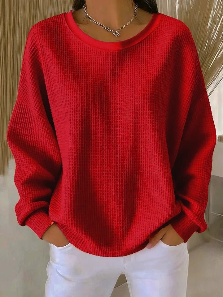 Damen Texturierter Oversized Strickpullover mit Rundhalsausschnitt - Red
