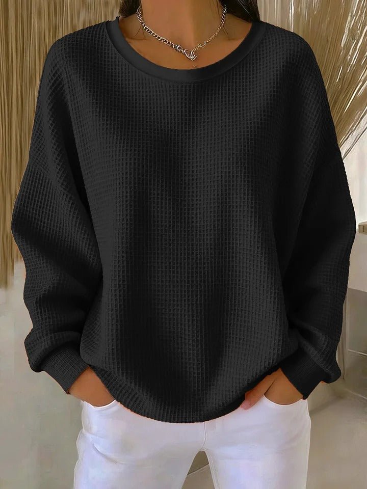 Damen Texturierter Oversized Strickpullover mit Rundhalsausschnitt - Black