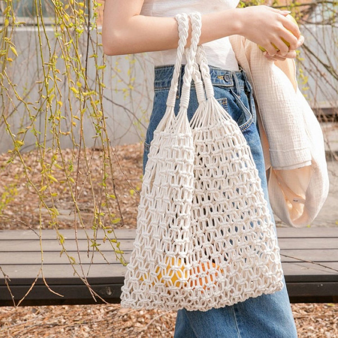 Damen Tote Bag Häkel-Einkaufstasche aus 100% Baumwolle Makramee