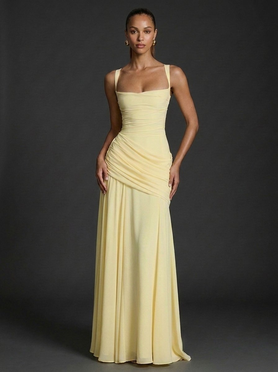 Damen Träger Gerafftes Maxi Hochzeitsgast Kleid - Butter Yellow