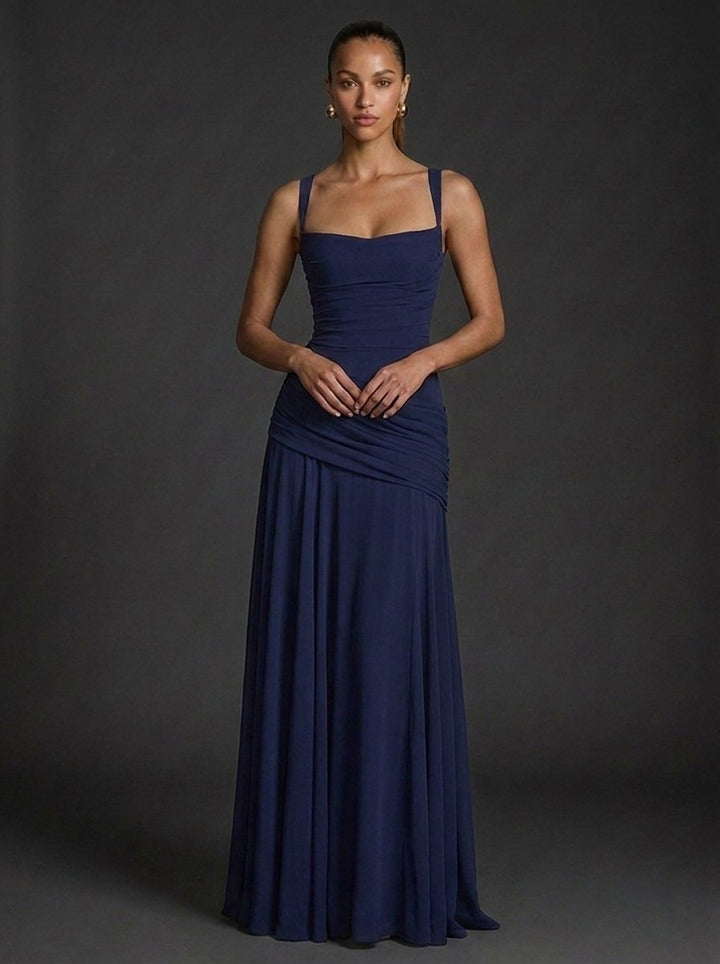 Damen Träger Gerafftes Maxi Hochzeitsgast Kleid - Dark Blue