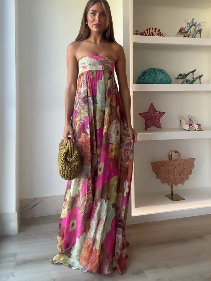 Damen Trägerloses Blumen Maxi Hochzeitsgast Kleid