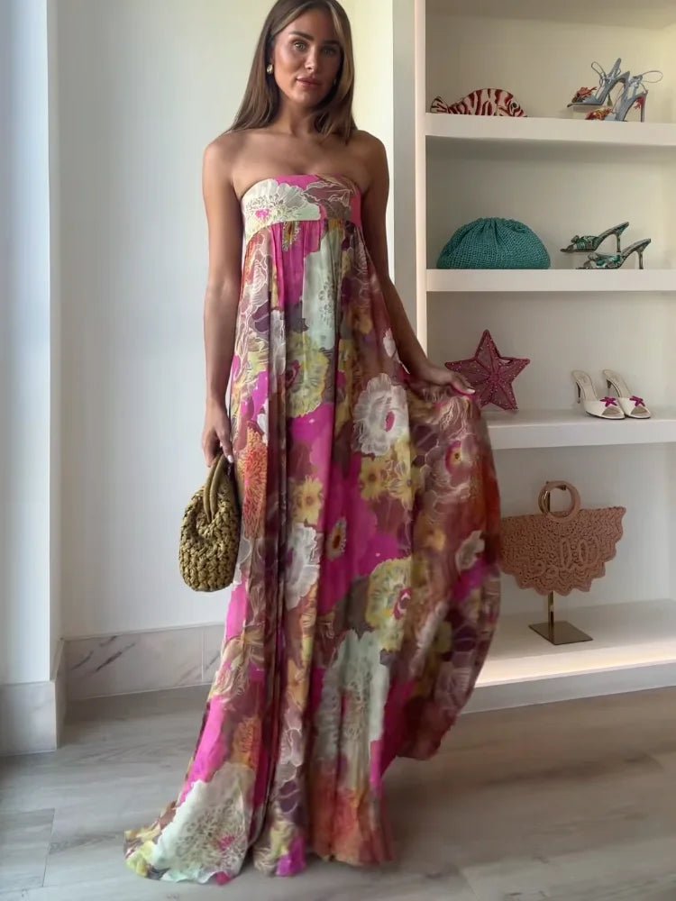 Damen Trägerloses Blumen Maxi Hochzeitsgast Kleid