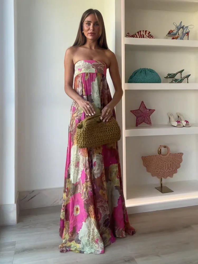Damen Trägerloses Blumen Maxi Hochzeitsgast Kleid
