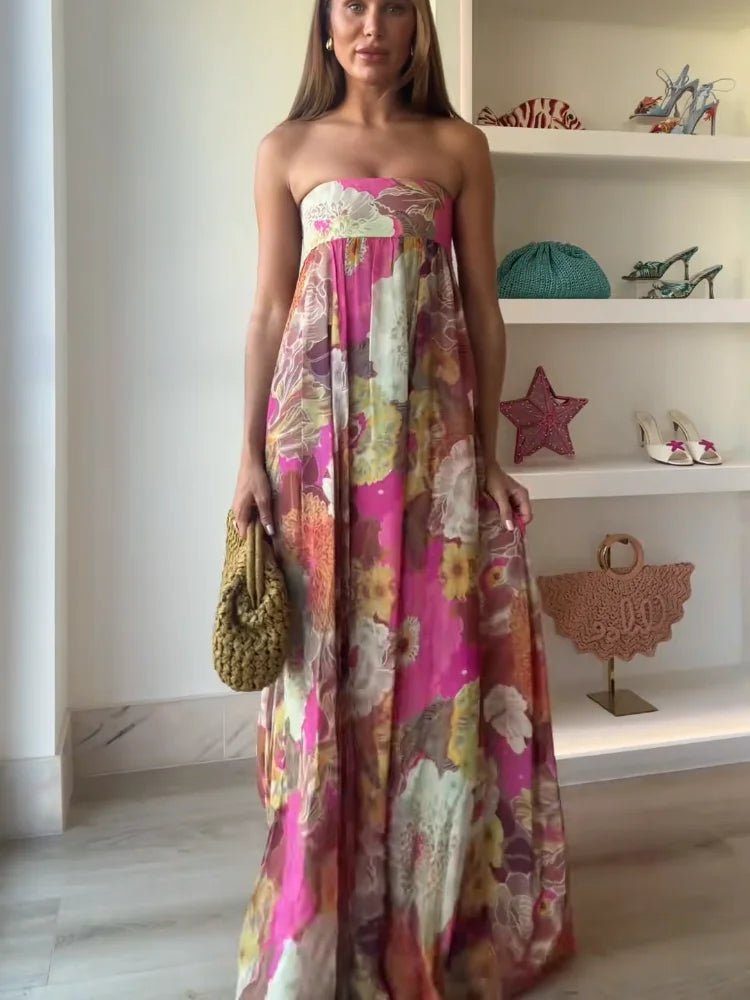 Damen Trägerloses Blumen Maxi Hochzeitsgast Kleid