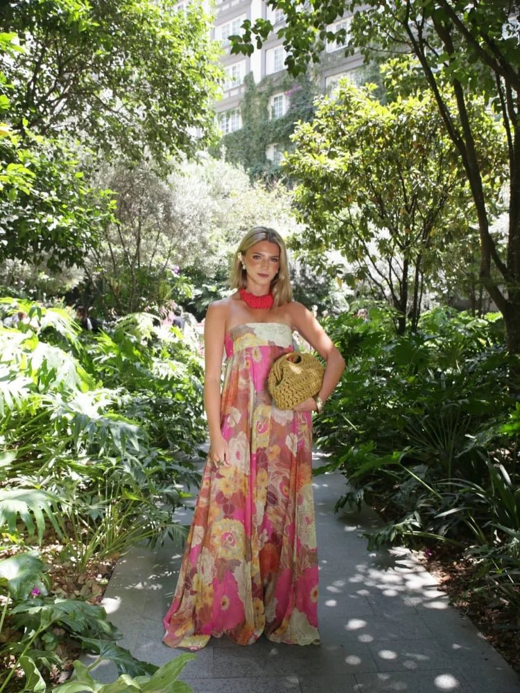 Damen Trägerloses Blumen Maxi Hochzeitsgast Kleid