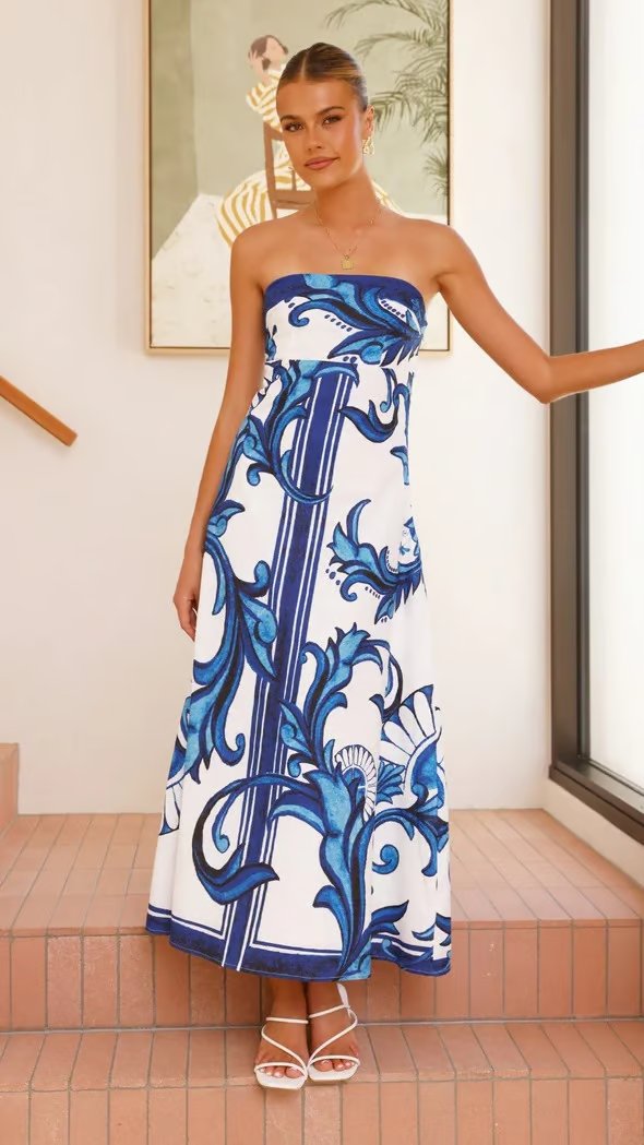 Damen Trägerloses Vintage-Print Maxi-Kleid mit Boho-Muster - Blue