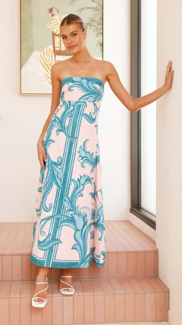Damen Trägerloses Vintage-Print Maxi-Kleid mit Boho-Muster - Light Blue
