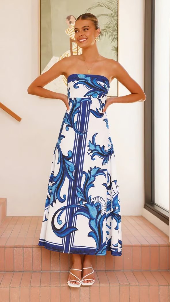 Damen Trägerloses Vintage-Print Maxi-Kleid mit Boho-Muster