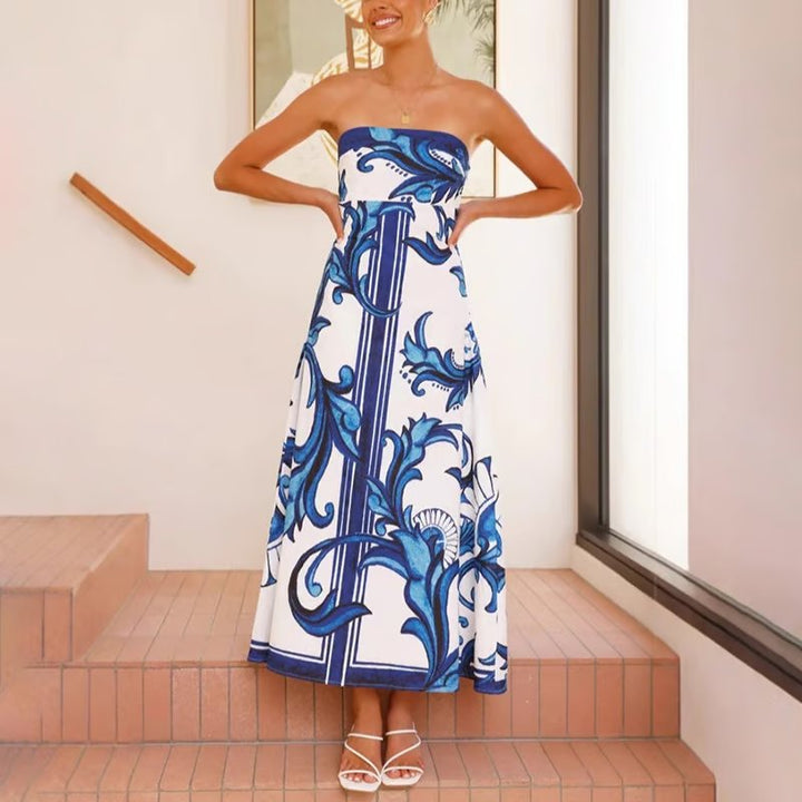 Damen Trägerloses Vintage-Print Maxi-Kleid mit Boho-Muster