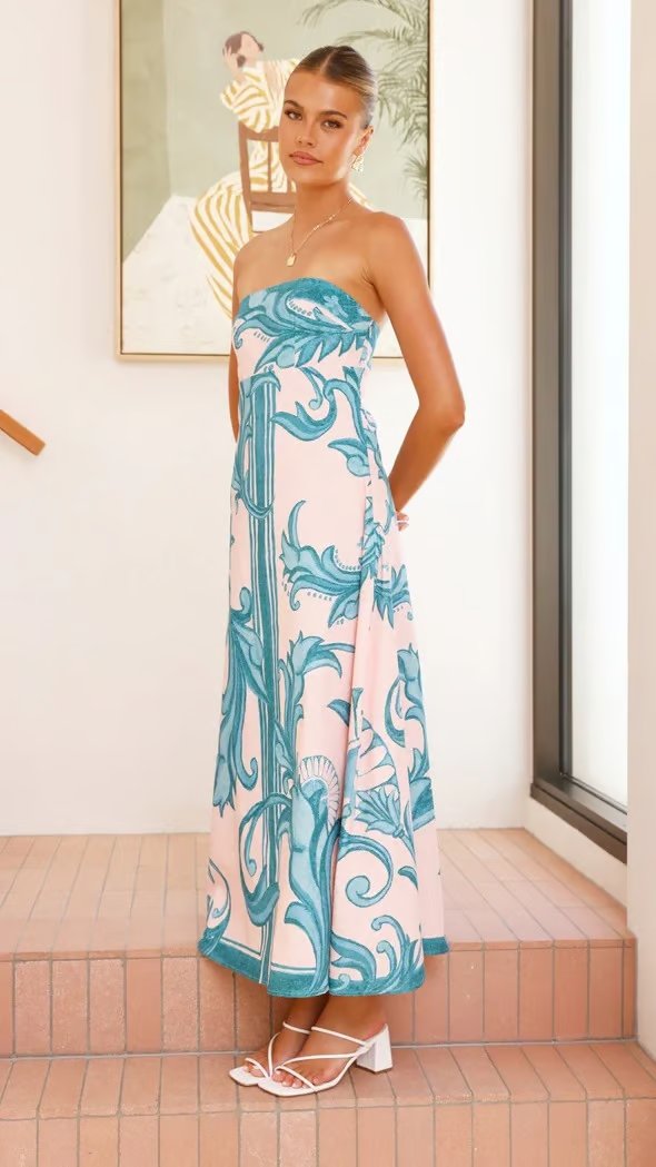 Damen Trägerloses Vintage-Print Maxi-Kleid mit Boho-Muster