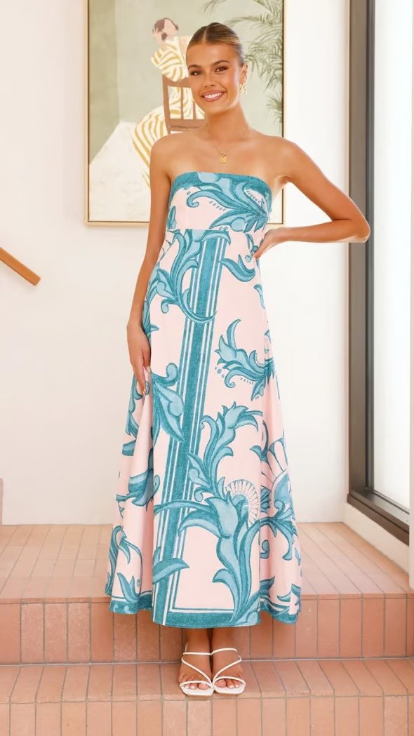 Damen Trägerloses Vintage-Print Maxi-Kleid mit Boho-Muster