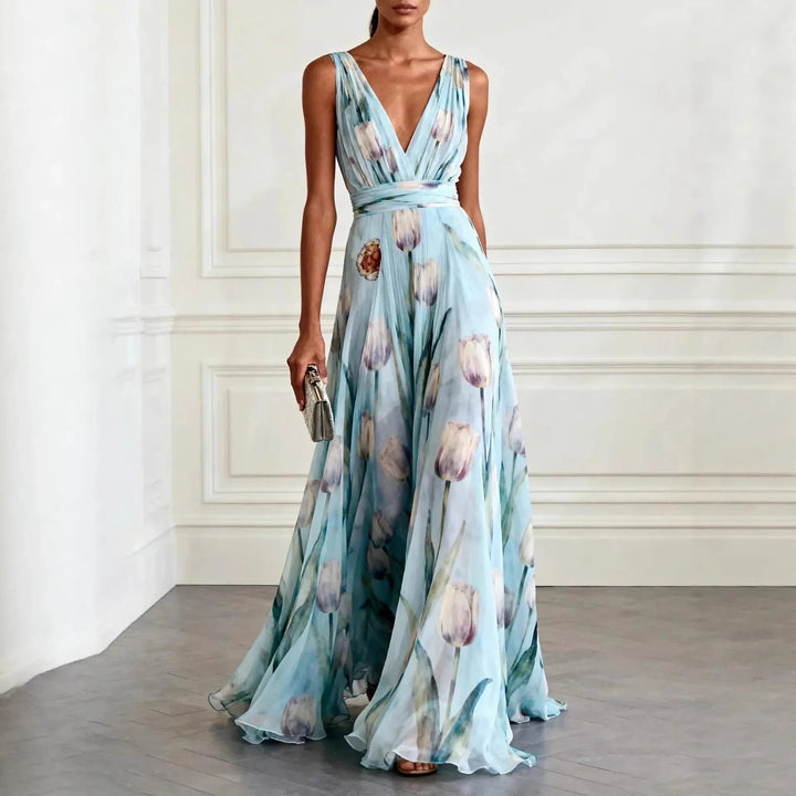 Damen Tulpen-Print Chiffon V-Ausschnitt Maxi-Kleid - Sky Blue
