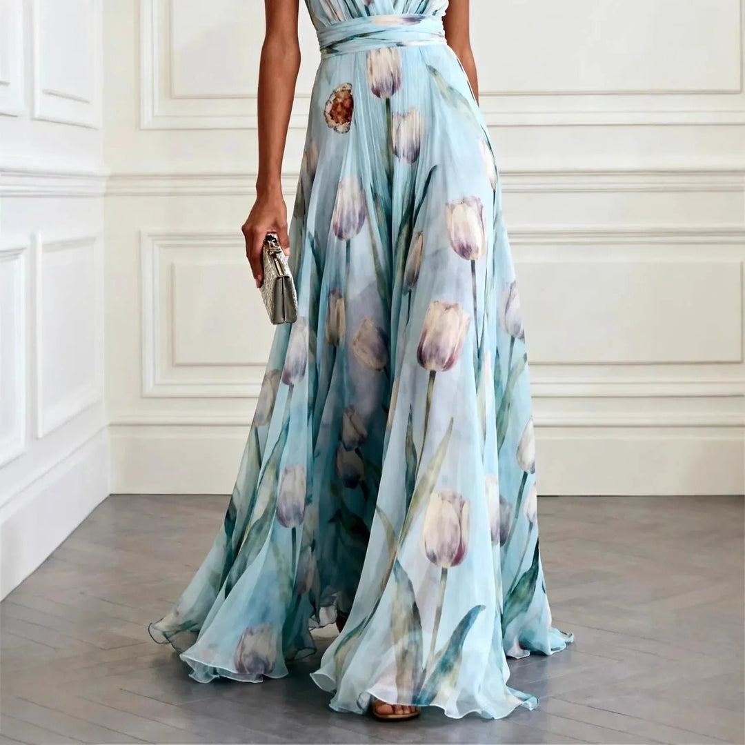 Damen Tulpen-Print Chiffon V-Ausschnitt Maxi-Kleid