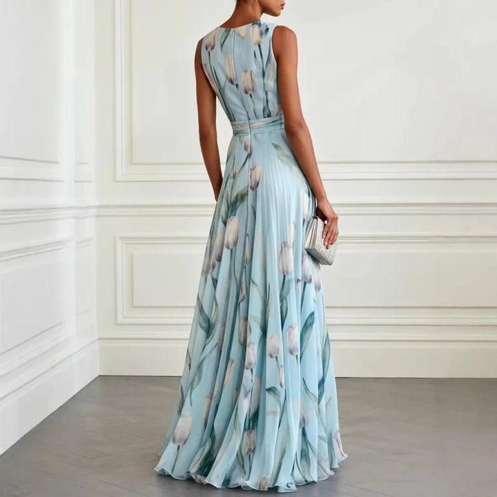 Damen Tulpen-Print Chiffon V-Ausschnitt Maxi-Kleid
