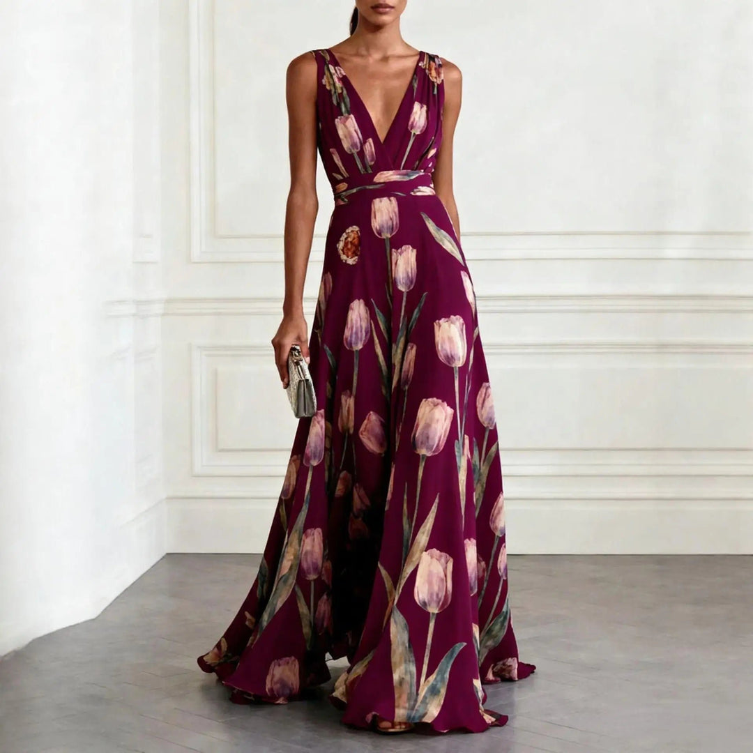 Damen Tulpen-Print Chiffon V-Ausschnitt Maxi-Kleid - Burgundy