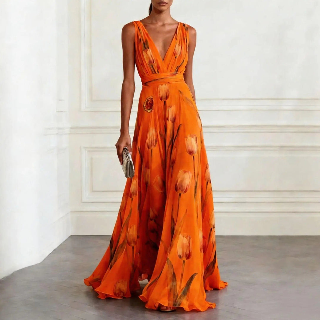 Damen Tulpen-Print Chiffon V-Ausschnitt Maxi-Kleid - Orange