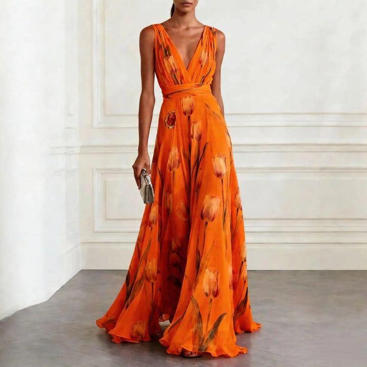Damen Tulpen-Print Chiffon V-Ausschnitt Maxi-Kleid - Orange