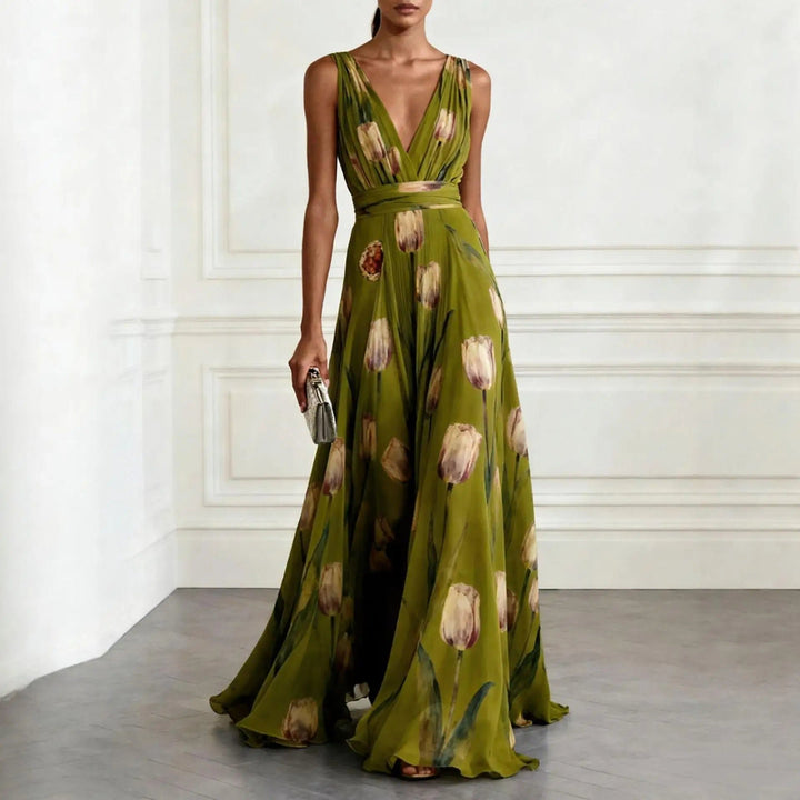 Damen Tulpen-Print Chiffon V-Ausschnitt Maxi-Kleid - Green