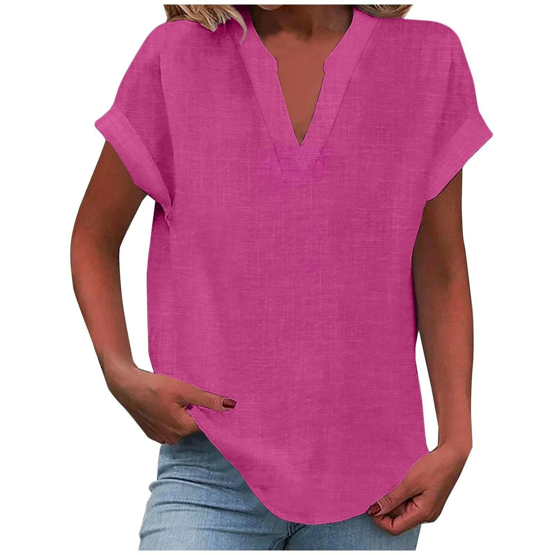 Damen V-Ausschnitt Bluse Relaxed Fit Kurzarm - Bright Pink