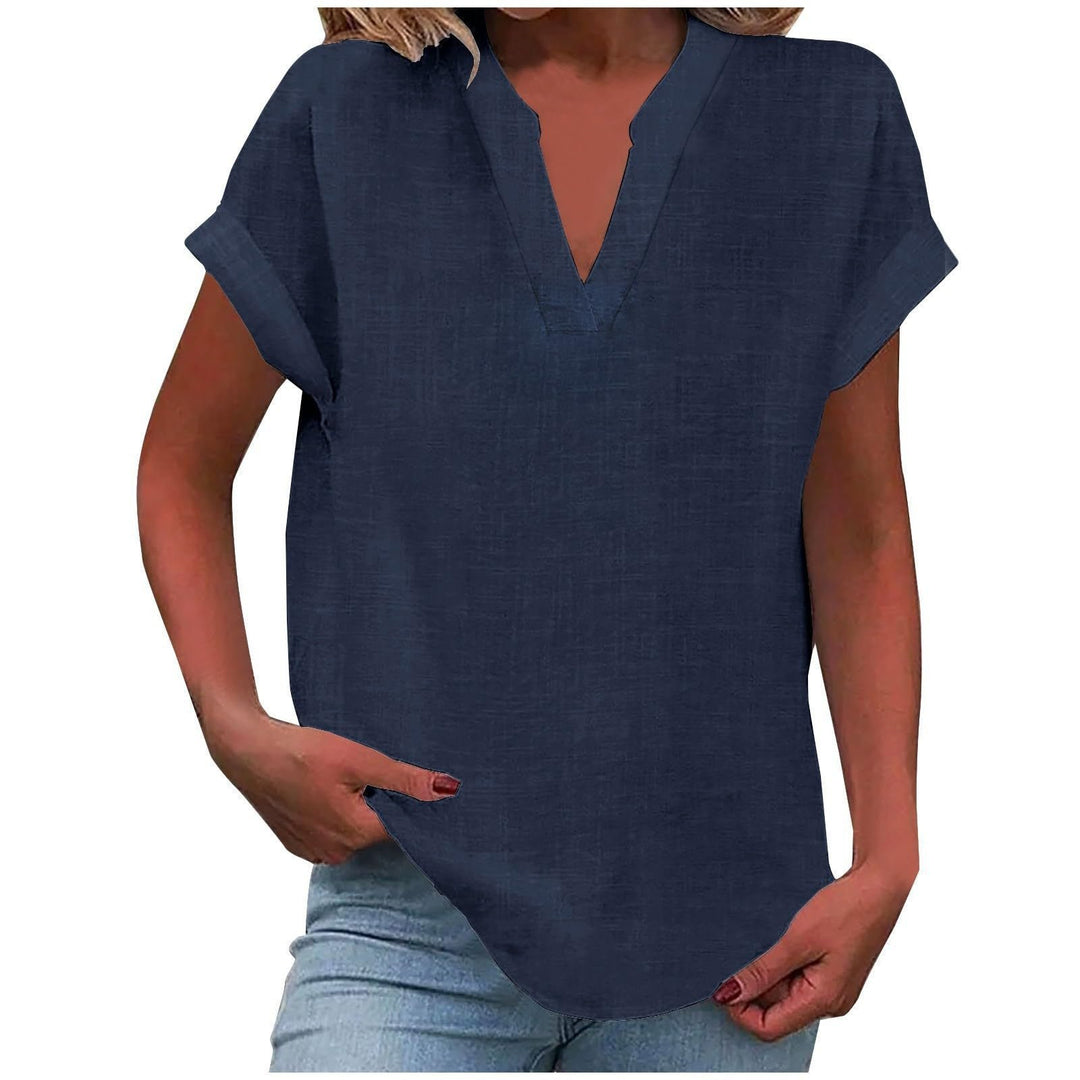 Damen V-Ausschnitt Bluse Relaxed Fit Kurzarm - Navy Blue