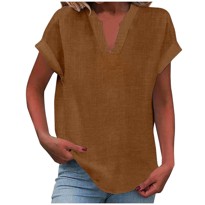 Damen V-Ausschnitt Bluse Relaxed Fit Kurzarm - Brown